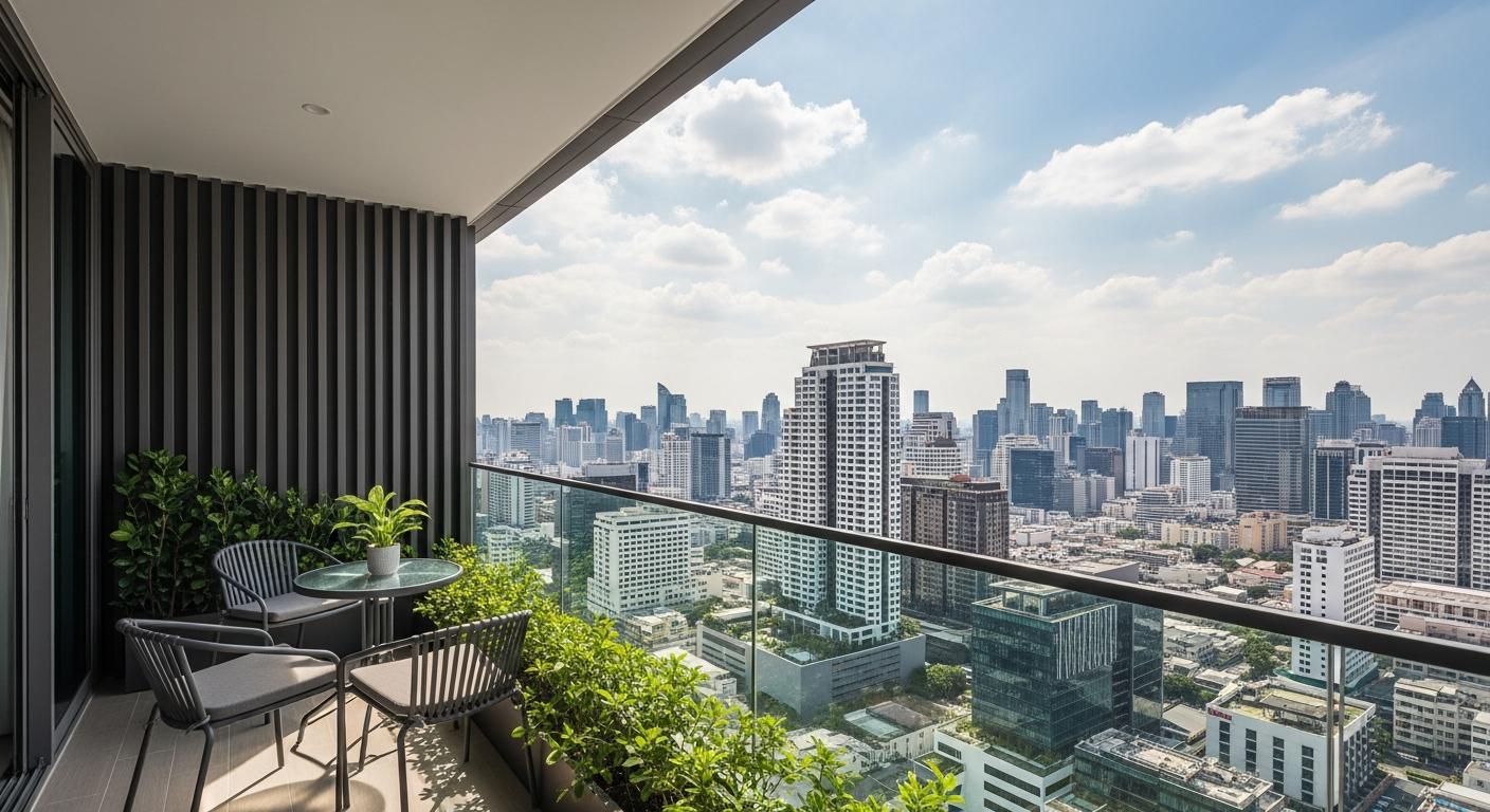 Aerial view of The Trust Condo residential building near Chang Erawan BTS Station (E17), Samut Prakan