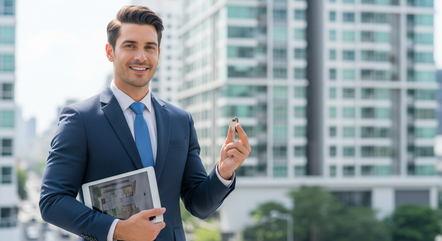 Thai real estate professional discussing contracts