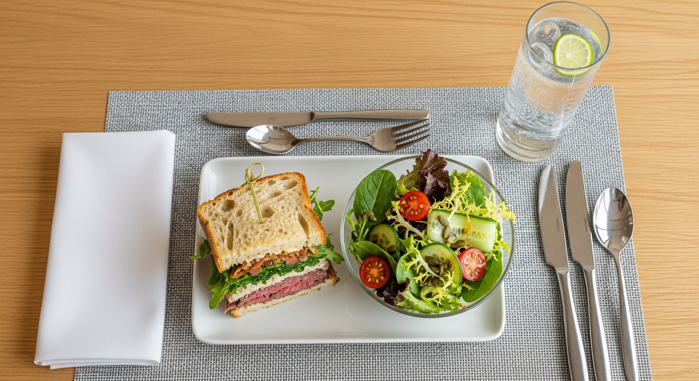 Business professionals reviewing documents during a negotiation lunch